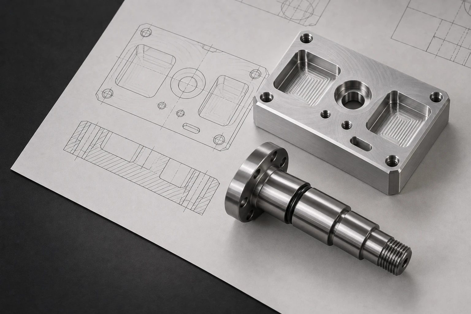Technical drawing with the machined aluminium housing and turned stainless steel shaft it describes