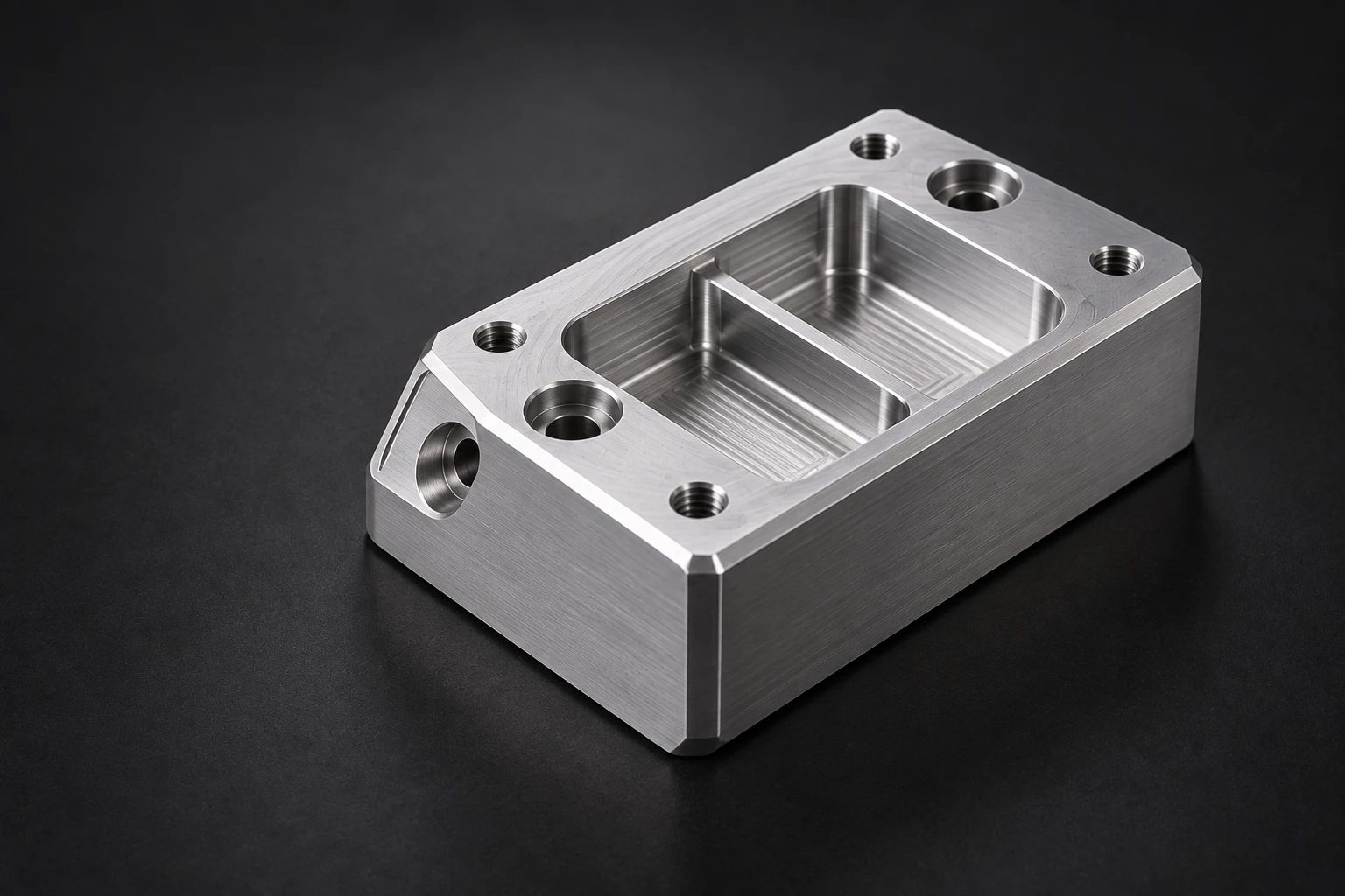 Close-up of a CNC-milled aluminium part with pockets, chamfered edges and tapped holes