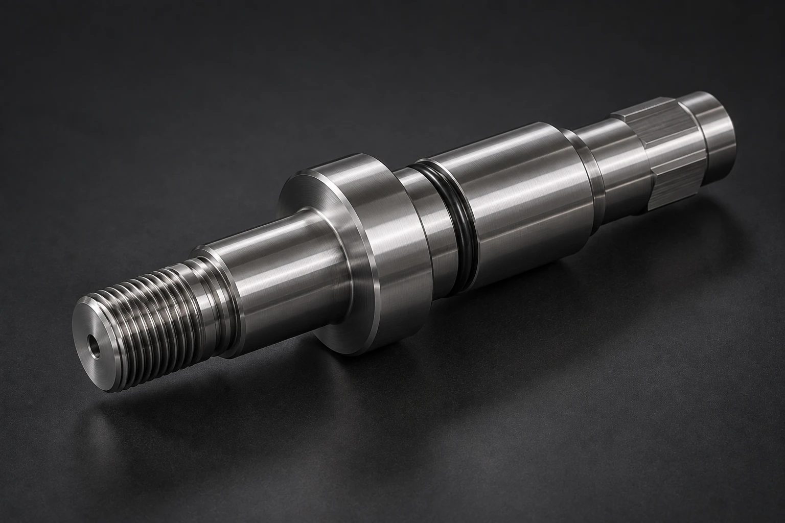 Close-up of a CNC-turned stainless steel shaft with an external thread, grooves and stepped diameters