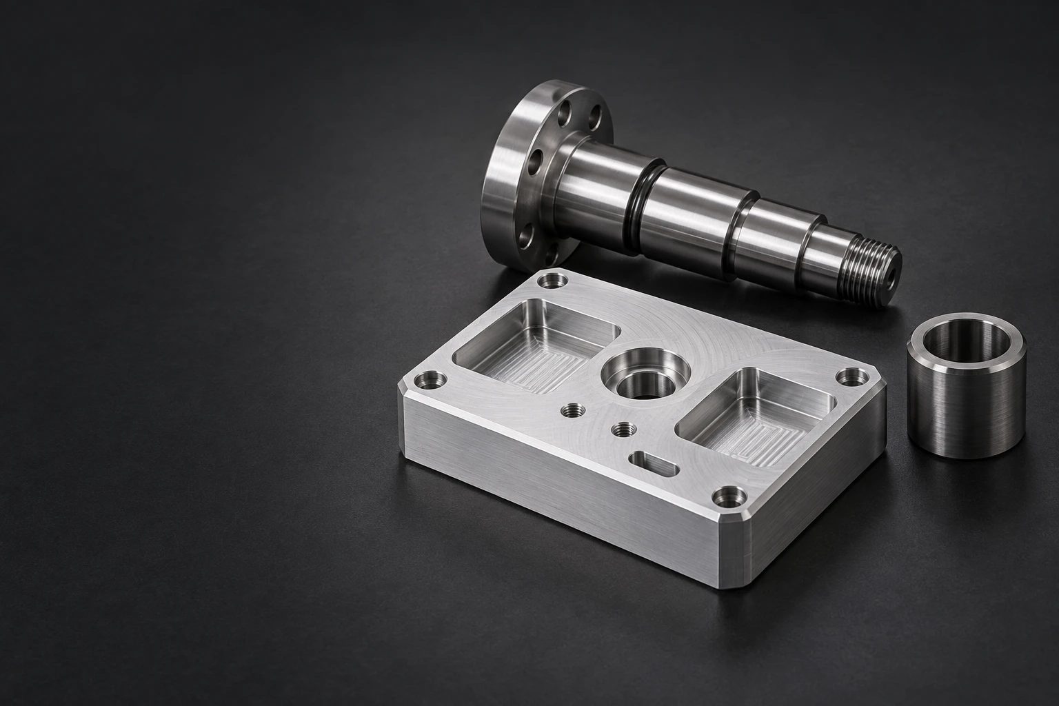 CNC-milled aluminium housing, CNC-turned stainless steel flanged shaft and steel bushing