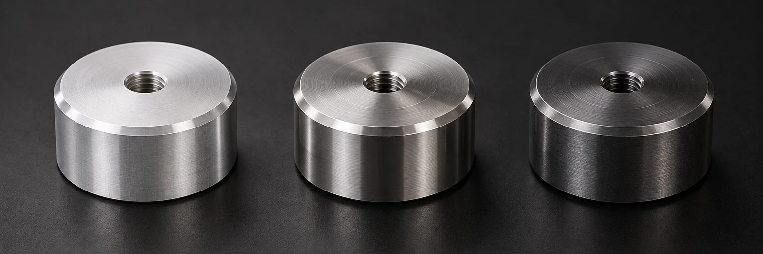 Identical CNC-machined samples in aluminium, stainless steel and steel