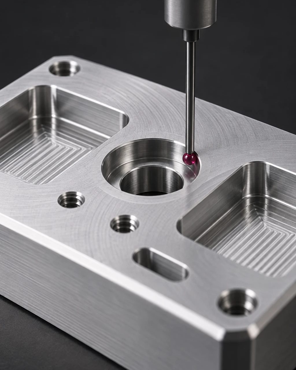 CMM touch probe with a ruby stylus tip measuring a bore on a machined aluminium part